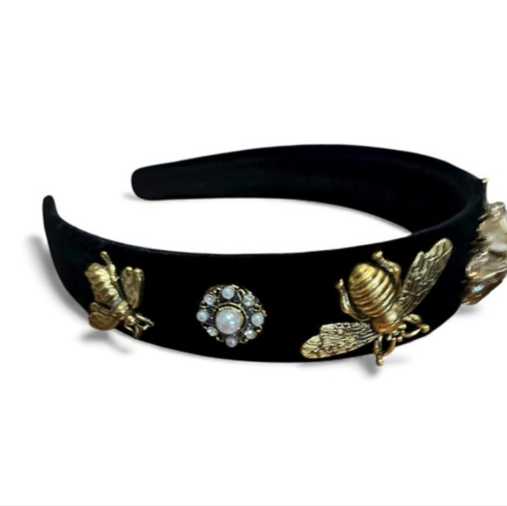 Black Velvet Headband Baroque Gold Bee & Flower Crystal Charms Hair Accessories - Picture 4 of 5